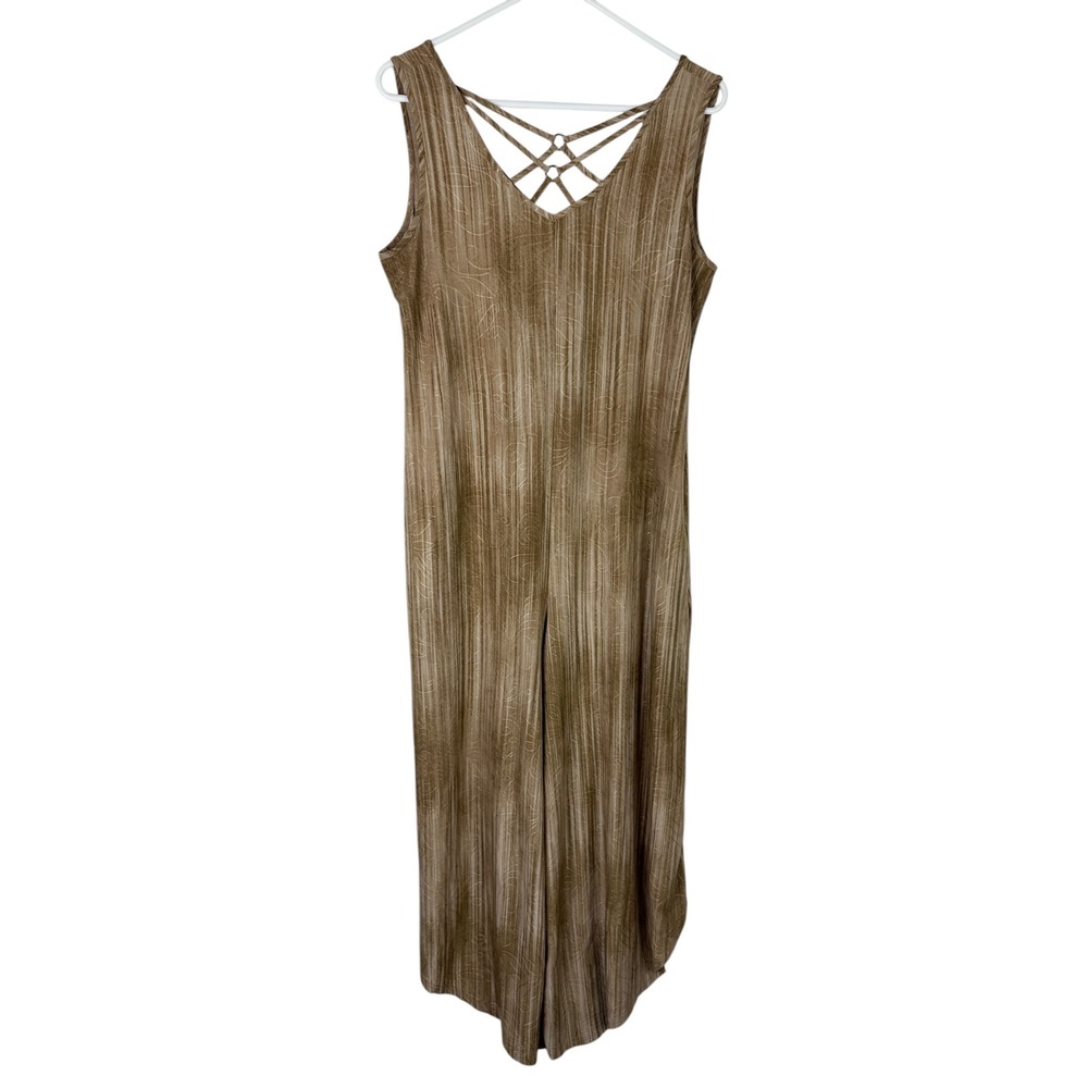 Sami & Jo Womens Small Jumpsuit Tan Brown Textured Stripe Lattice Back Wide Leg